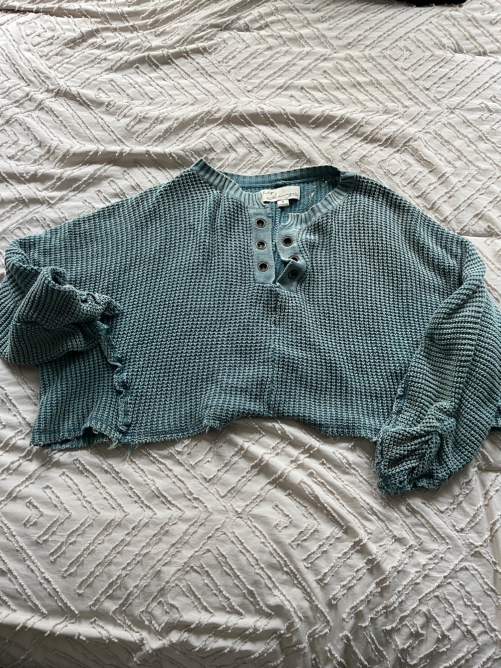 Vintage Havana Seafoam Waffle-Knit Cropped Henley Sweater